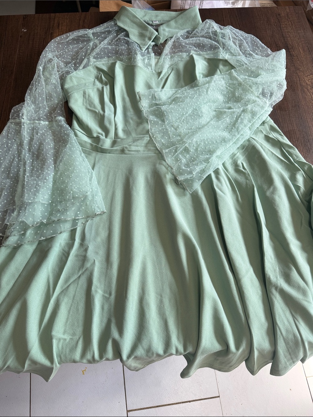 Mint Green Mesh-Sleeve Maxi Dress with Collar